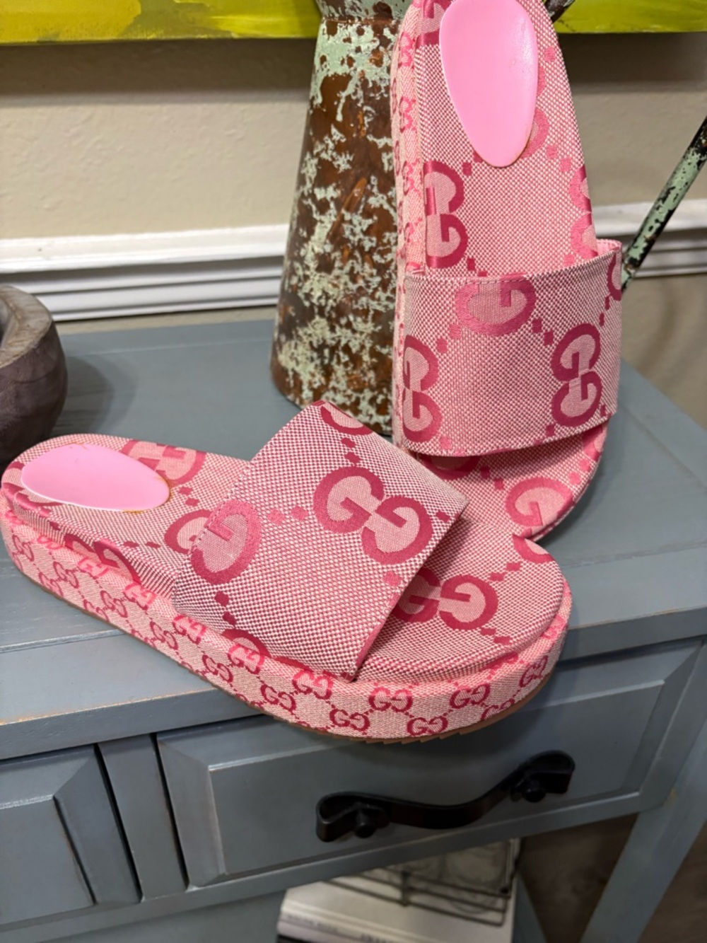 Designer Inspired Canvas GG Monogram Angelina Platform Slide Sandals